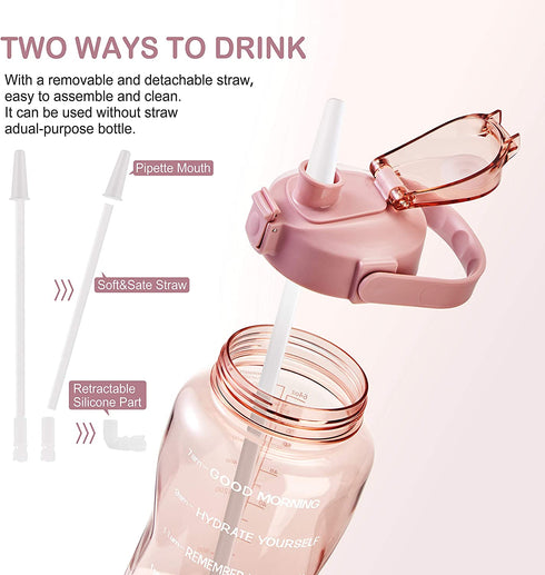 EYQ Half Gallon/64 oz Water Bottle with Time Marker, Carry Strap and Motivational Quote, Leak-Proof Tritan BPA-Free, Ensure You Drink Enough Water for Fitness, Gym, Camp, Sports (Clear Rose pink)