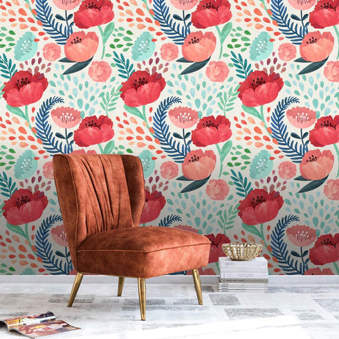 Blooming Wall Peel&Stick Red Flower Green Leaves Self-Adhesive Prepasted Wallpaper Wall Mural (Red Floral)
