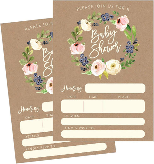 50 Fill in Kraft Baby Shower Invitations, Baby Shower Invitations Burlap, Rustic, Custom, Neutral, Baby Shower Invites for Boy, Baby Girl Shower Invitation Cards, Baby Invitations Printable