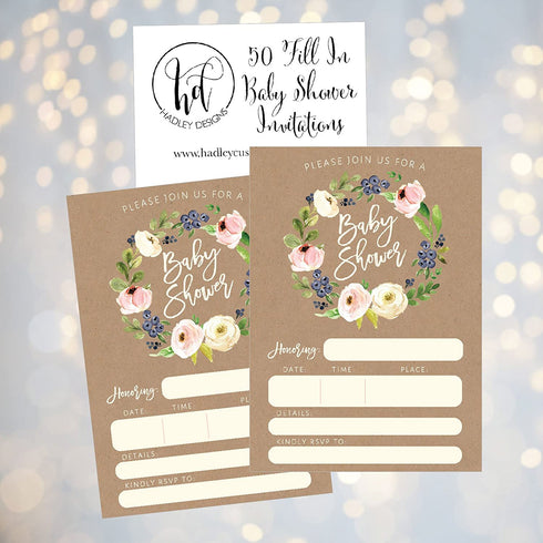 50 Fill in Kraft Baby Shower Invitations, Baby Shower Invitations Burlap, Rustic, Custom, Neutral, Baby Shower Invites for Boy, Baby Girl Shower Invitation Cards, Baby Invitations Printable