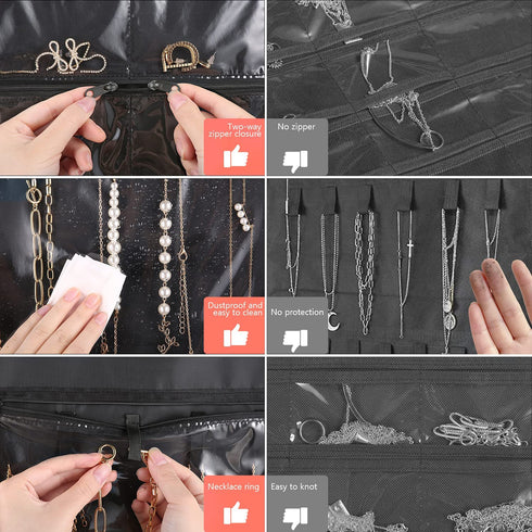 FOREGOER Hanging Jewelry Organizer with Zipper Pocket Double Sided 43 Pockets Large Necklace Earring Accessory Holder Organizer(Black)