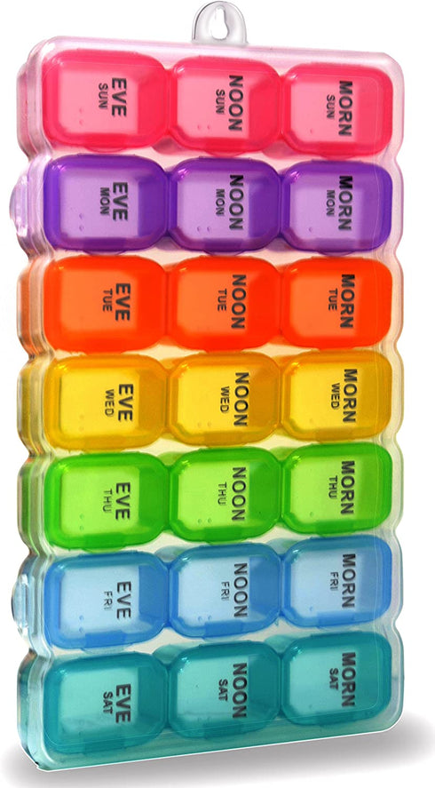 7 Days Pill Organizer Tablet Box Weekly Medication Case Daily AM Morning Noon PM Night Backup Container Compartments Detachable Dispenser (21 Compartment)