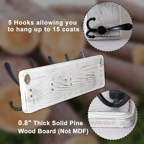 Dseap Coat Rack Wall Mounted - 5 Tri Hooks, Heavy Duty, Wooden Wall Coat Hanger Coat Hook for Clothes Hat Jacket Clothing, White & Black