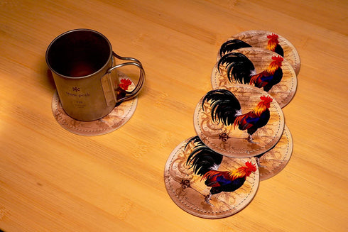Yilad Rooster Chicken Coasters for Drinks,Leather Coasters with Holder Set of 6, Cups Mugs Mat Pad for Home Bar Decor Coaster1