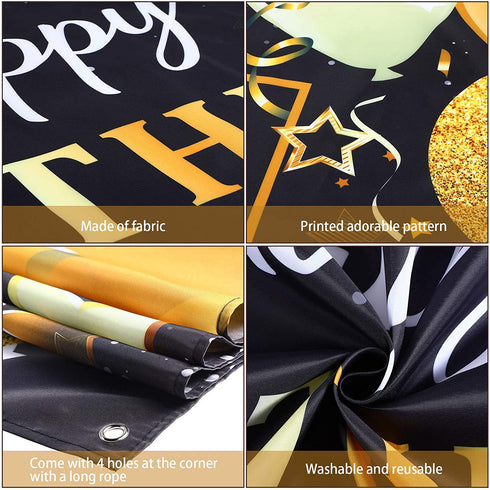 Happy Birthday Party Decorations, Extra Large Fabric Black and Gold Happy Birthday to You Sign Backdrop Banner Photo Booth Background for Indoor Outdoor Birthday Party Favor, 70.8 x 43.3 Inch