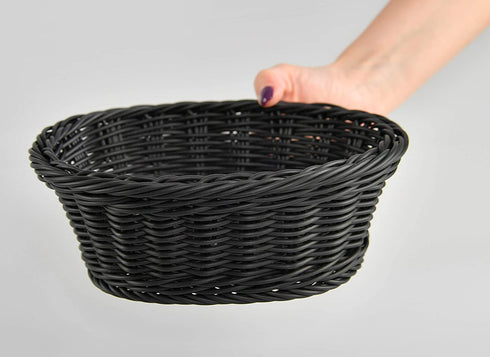 HOME-X Oval Plastic Woven Wicker Basket, Bread Baskets-Table Decor and Storage-Dark Gey-Set of 2 9.5"L x 8"W x 3.5"H