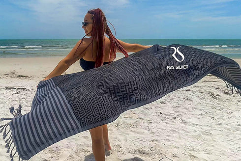Ray Silver Premium Turkish Beach Towel 100% Cotton-Quick Dry Turkish Bath Towel 71?x40?(100x180 cm)-Prewashed Peshtemal Blanket-Thin Light Weight Travel SPA Pool Bath Beach Gym Pool (Black/Grey)
