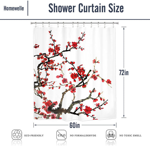 Homewelle Plum Shower Curtain Blossom Aesthetic Watercolor Floral 60Wx72L Inch Red Cherry Cute Traditional Weeping Flower Japanese Branch Ink Scenery Asian Waterproof Polyester Fabric Bathroom Bathtub