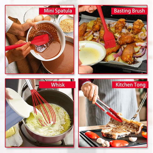 TeamFar Kitchen Utensils Set of 11, Red Silicone Cooking Utensils Spatula Set Heat Resistant For Nonstick Cookware, Perfect for Cooking Baking Mixing, Healthy & Non Scratch, Dishwasher Safe