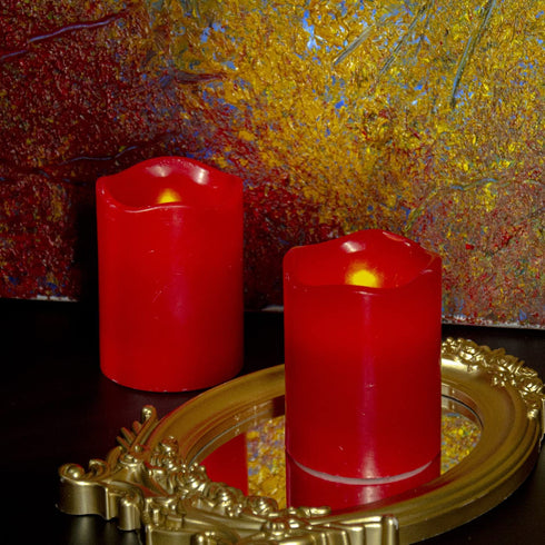 Flameless Candles-Set of 2(3"x4"/4") Red,Dripless Real Wax,Flickering Pillar Candles,Bright Warm Light,with Remote Control and Timing