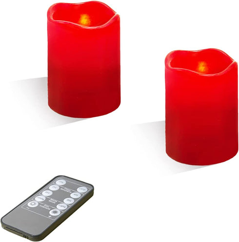 Flameless Candles-Set of 2(3"x4"/4") Red,Dripless Real Wax,Flickering Pillar Candles,Bright Warm Light,with Remote Control and Timing