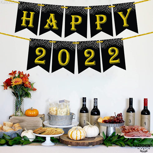 Gold Glitter, Happy 2022 Banner - 10 Feet, No DIY | Happy New Year Banner 2022 for Happy New Year Decorations 2022 | New Years Eve Party Supplies 2022 | New Years Eve Banner 2022 | NYE Decorations