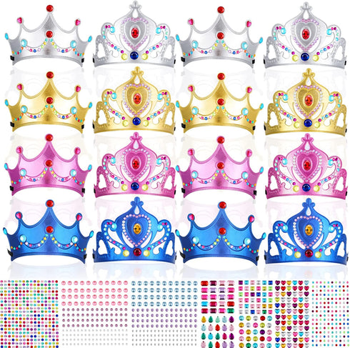 16 Pieces Foam Princess Tiaras and Crowns Making Your Own Tiaras with Crystal Diamond Sticker Princess King Crown for Kids