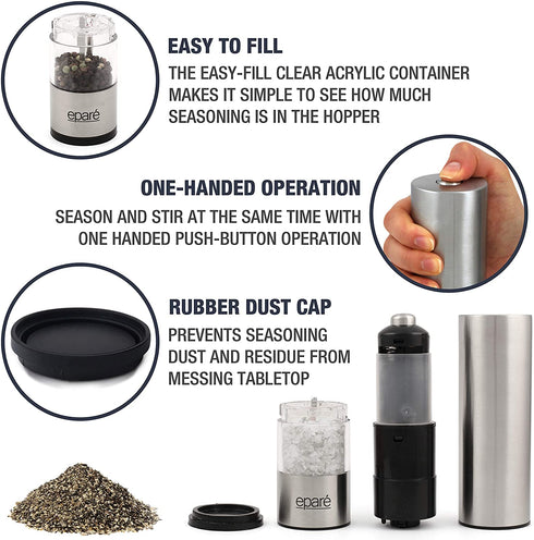 Electric Salt or Pepper Grinder - Battery Operated Ceramic Burr Peppermill Shaker - Automatic Stainless Steel Grinders - Mill With LED Light by Epar©
