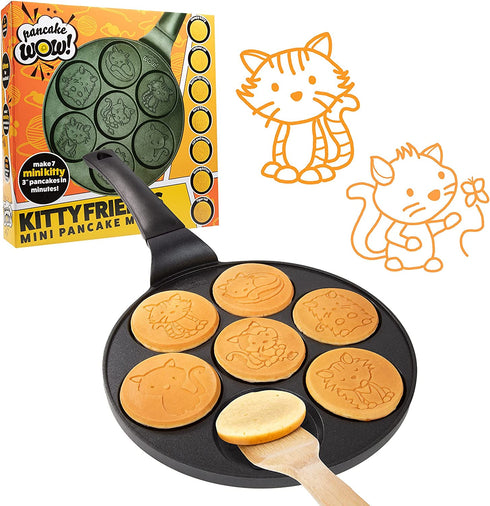 Kitty Friends Mini Pancake Pan - Make 7 Unique Flapjack Cat Designs, Nonstick Pan Cake Maker Griddle for Breakfast Kitten Fun & Easy Cleanup, Fun Animal Gift
