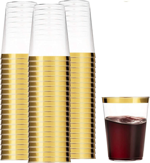 100 Gold Plastic Cups 10 Oz Clear Plastic Cups Tumblers Gold Rimmed Cups Fancy Disposable Wedding Cups Elegant Party Cups with Gold Rim
