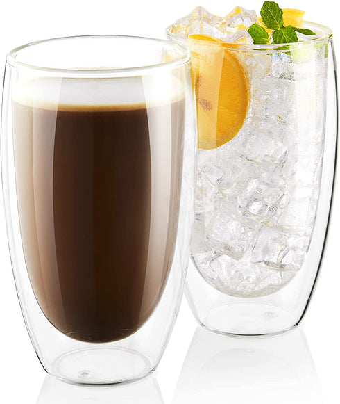 Bivvclaz Double Walled Glass Coffee Mugs, 2-Pack 15 Oz Borosilicate Glass Coffee Cups, Thermo Insulated Glass for Latte Cappuccino Americano Tea milk Beverage, Clear
