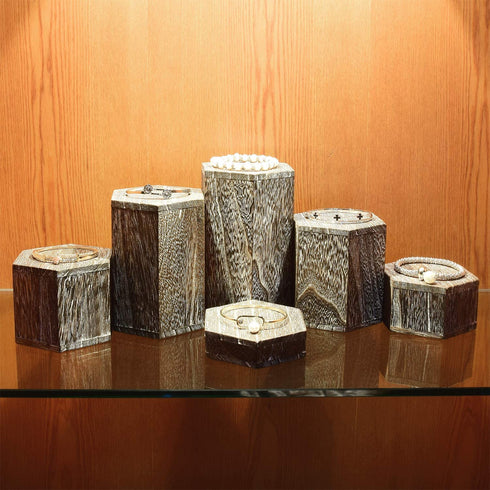 Mooca Wooden 6 Pcs Hexagon Risers for Display Jewelry and Accessories Display Stand, Wooden Display Risers, Wood Jewelry Risers Wood Figurine Display Risers, Coffee