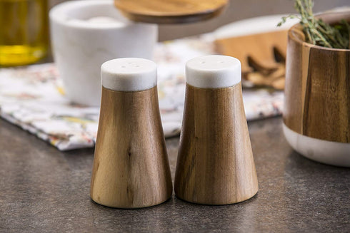 Tablecraft Salt & Pepper Shakers, 2.5 x 2.5 x 4.125, Marble/Acacia