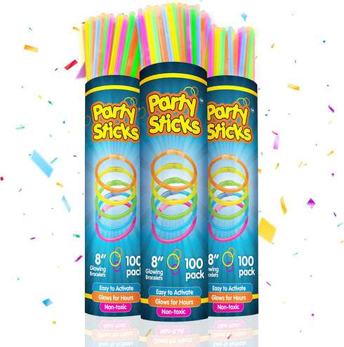 PartySticks Glow Sticks Party Supplies 300pk - 8 Inch Glow in The Dark Light Up Sticks Party Favors, Glow Party Decorations, Neon Party Glow Necklaces and Glow Bracelets with Connectors