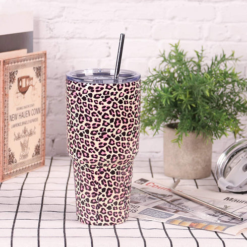 Artlion 30oz Tumbler Pink Leopard Insulated 30 OZ Metal Tumblers Cheetah Cup with Straws and Lid for Cold Hot Drinks