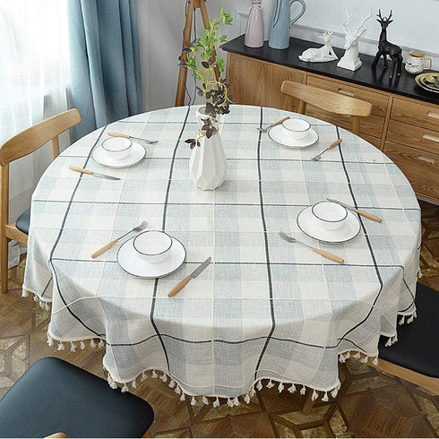 Round Tassel Plaid Tablecloth, Heavy Weight Cotton Linen Fabric Table Cover for Kitchen Dining Tabletop Decoration, Off White & Grey, 48" Round