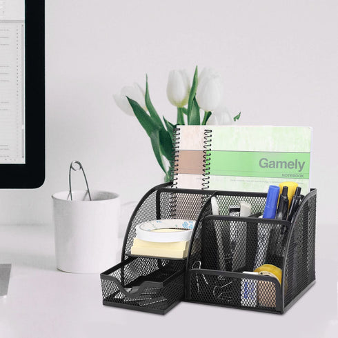 Flexzion Desk Organizer Office Supplies Accessories Desktop Tabletop Sorter Shelf Pencil Holder Caddy Set - Metal Mesh with Drawer and 6 Compartments (Black)