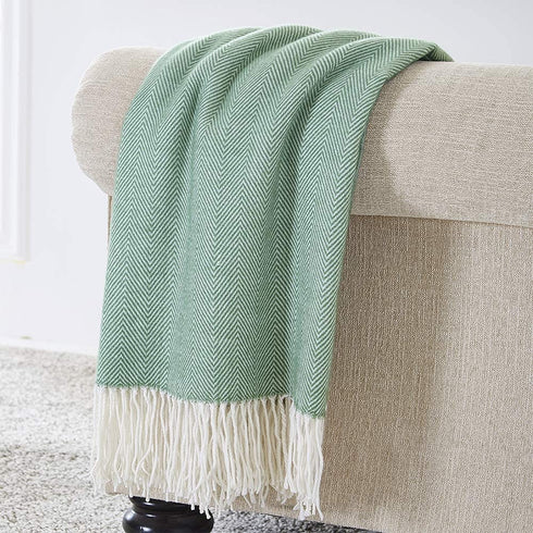 BOURINA Herringbone Two Tone Throw Blanket Faux Cashmere Fringe Soft Lightweight Cozy for Bed Couch Decorative Throws Blanket, Green, 50" x 60"