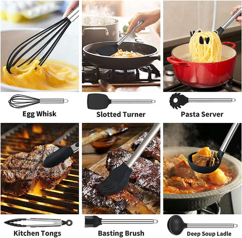 Oyydecor Silicone Kitchen Cooking Utensil Set ,23PCS Silicone Kitchen Utensil Set Non-Toxic And Non Stick Cookware with Utensils Holder, BPA-free Safety Kitchen Utensils Set (Black)