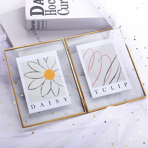 LONGWIN 5x7 Gold Brass Picture Frames Double Folding Photo Frame Tabletop Memorial Picture Frame for Pressed Flowers Artwork Certificate Plants Specimen