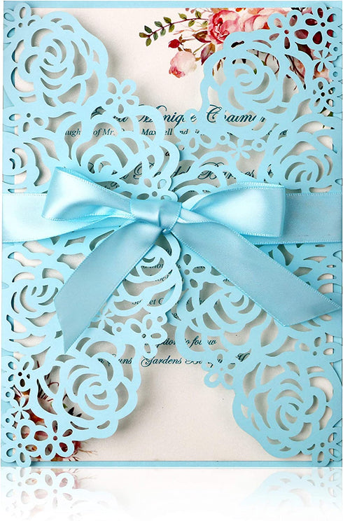 PONATIA 25PCS/Lot 250GSM 5.12 x 7.1'' Laser Cut Hollow Rose with Blue Ribbons Wedding Invitations Cards for Wedding Bridal Shower Engagement Birthday Graduation Invite (Blue)