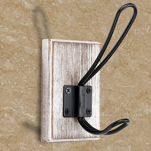 OLBET Farmhouse Towel Hooks for Bathroom Wall Mounted - Rustic Wall Hooks for Hanging Coats - 2 Pack - Retro Iron Wood Hooks - Classical Heavy Duty Hangers for Your House - Weathered White