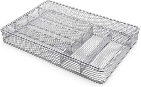 TQVAI Mesh Cutlery Tray 6 Compartments Kitchen Drawer Silverware Holder Utensils Flatware Organizer, Silver