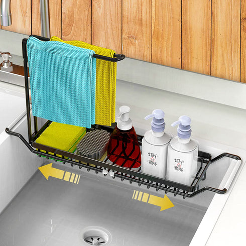 Sponge Holder for Kitchen Sink, Telescopic Sink Storage Rack, Expandable (15.5"-21.3") Sink Caddy Organizer with Dishcloth Towel Holder, Stainless Steel Over Sink Holder for Home (Black)