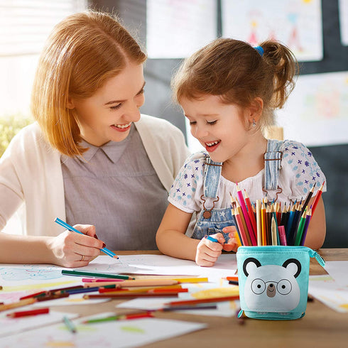 3 Pieces Telescopic Stand Up Pencil Case Box Transformer Stand Store Pencil Holder Cute Cartoon Standing Pen Pouch Dual-Use Canvas Storage Stationery Bags for Teen Girls Boys (Cat, Bear, Unicorn)