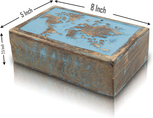 Great Birthday Gift Ideas Handmade Decorative World Map Wooden Jewelry Box Treasure Box Jewelry Organizer Keepsake Box Treasure Chest Trinket Holder Lock Box Watch Box (Blue Wash Finish)