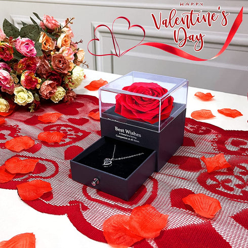 TURNMEON Preserved Red Real Rose with I Love You Necklace in 100 Languages,Enchanted Rose Flower Card Jewelry Storage Box Romantic Gift for Her Wife Girlfriend Women Valentines Day Anniversary Wedding