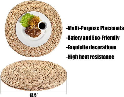 Yesland 4 Pack 13.5'' Large Rattan Tablemats - Natural Round Braided Water Hyacinth Weave Placemat - No-Slip Thick Wooden Heat Resistant Mats for Table, Coasters, Pots, Pans & Teapots in Kitchen