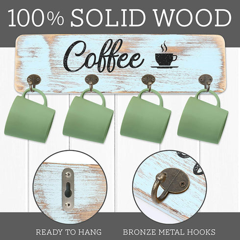 LotFancy Coffee Mug Holder, Rustic Wall Mounted Mug Rack with 12 Cup Hangers, Farmhouse Wood Cup Organizer for Home, Office Kitchen Display Storage Collection, Coffee Nook Décor