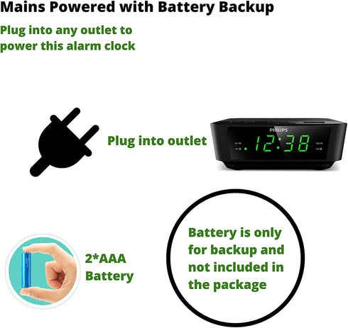 PHILIPS Digital Alarm Clock Radio for Bedroom FM Radio, LED Display, Easy Snooze, Sleep Timer, Battery Back up (Batteries Sold Seperately)