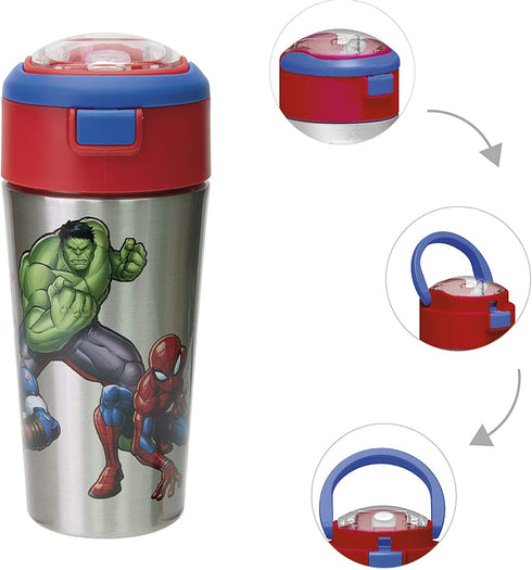 Zak Designs Comics Durable Stainless Steel Straw Bottle with Push-Button Flip Lid Vacuum Insulation Keeps Drinks Cold, BPA-Free, (1PC, 12oz), Marvel Universe