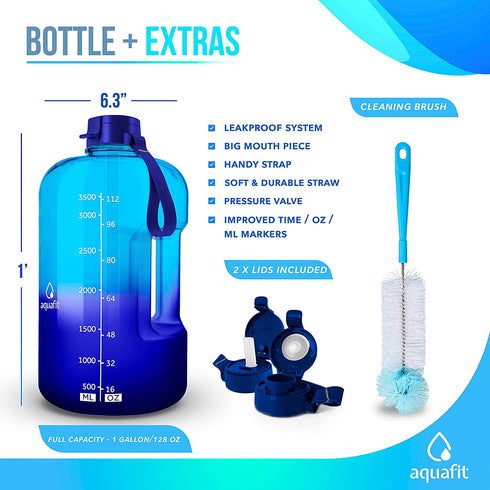 AQUAFIT 1 Gallon Water Bottle with Straw Motivational Water Bottle Big Water Bottle with Straw 1 Gallon Water Bottle Water Jug 1 Gallon Water Jug Water Bottle with Time Marker Daily Dark Blue