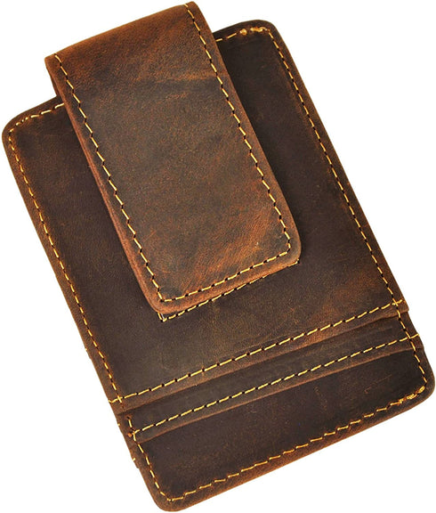 Le'aokuu Mens Genuine Leather Cowhide Magnet Money Clip Credit Case Case Holder Slim Wallet (Dark Brown)