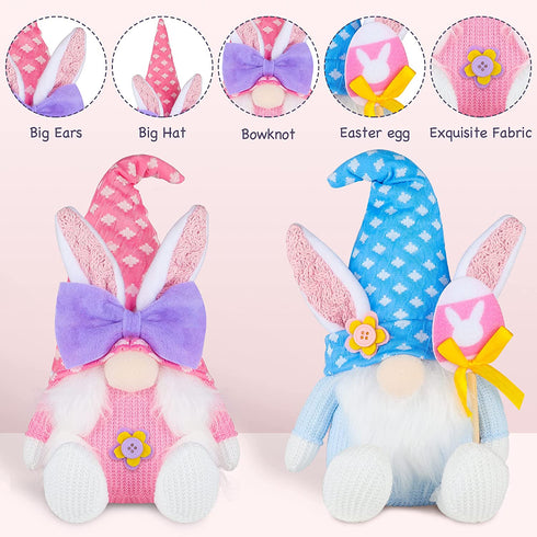 2PCS Bunny Easter Gnome Plush Easter Decorations Handmade Rabbit Dolls Easter Gifts for Kids Elf Home Ornaments for Living Room Easter Table Decor Spring Holiday Decor 14 Inches Pink and Blue