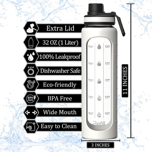 32 oz Glass Water Bottle with Time Marker - EXTRA LID, Reusable, Wide Mouth, Leakproof, 1 Liter Glass Drinking Bottle, Insulated Water Bottle with Silicone Sleeve, Motivational Water Bottle, Waterbottle With Hydrating Reminder (White Sleeve)