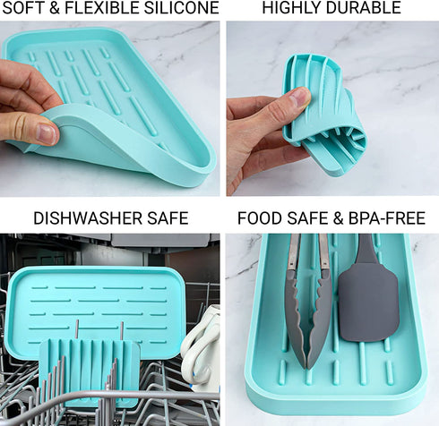 UHMER Silicone Sink Tray Set, Kitchen Sink Organizer Tray & Silicone Soap Dish 4-PACK, Multipurpose Turquoise Kitchen Sink Tray for Soap Bottles, Sponge Tray for Kitchen Sink, Kitchen Soap Tray