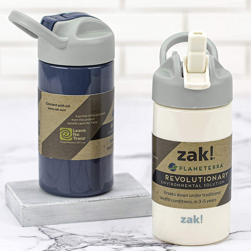 Zak Designs Planeterra Ivory & French Navy 18 oz Set of 2 Reusable Straw Water Bottle with Built-In Handle for Travel, Made with Durable Plastic