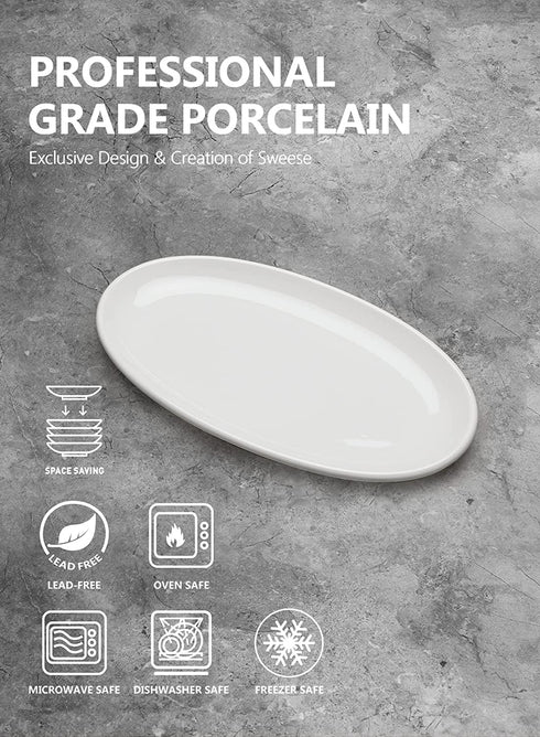 Sweese 749.101 Oval Serving Platters, White Porcelain Serving Platters for Party, Large Oval Serving Trays Serving Plates for Fish Dish, Steak, Restaurant, Dessert Shop, Set of 2, 14 Inches