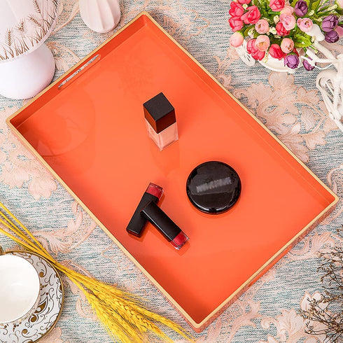 MAONAME Orange Serving Tray with Handles, Modern Decorative Tray for Coffee Table, Plastic Rectangular Tray for Ottoman, Bathroom, Decor, 15.75 x 10.2 x1.57