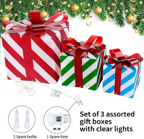 Lighted Gift Boxes Christmas Decoration, Set of 3 Piece Present Ornament Boxes with Pre-lit 50 LED Mini Bulb, Light Up Gift Box for Indoor Outdoor Xmas Tree Party Holiday Decor
